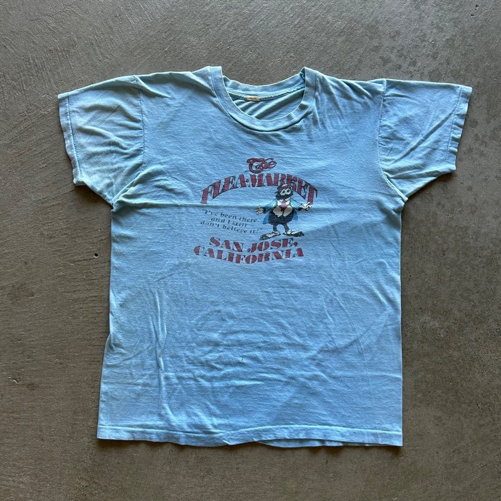 Vintage 70s San Jose Flea Market Shirt Size XL Light Blue California USA Thin